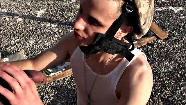 Watch these soldiers go wild in a wild outdoor interracial orgy with a submissive wearing glasses and a black tank top