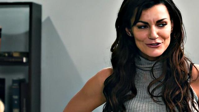 Office big boobed dykes in sapphic lesbian trio on table