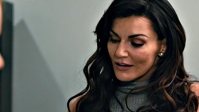 Office big boobed dykes in sapphic lesbian trio on table