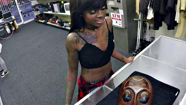 Horny ebony amateur gives head before getting fucked in the shop