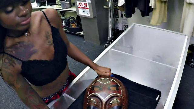 Horny ebony amateur gives head before getting fucked in the shop