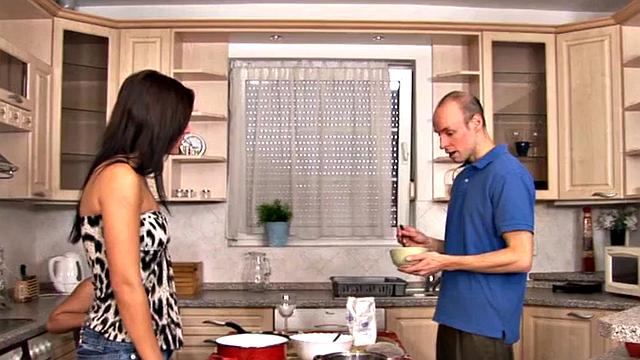 Strapon wielding dominas pegging in kitchen threeway