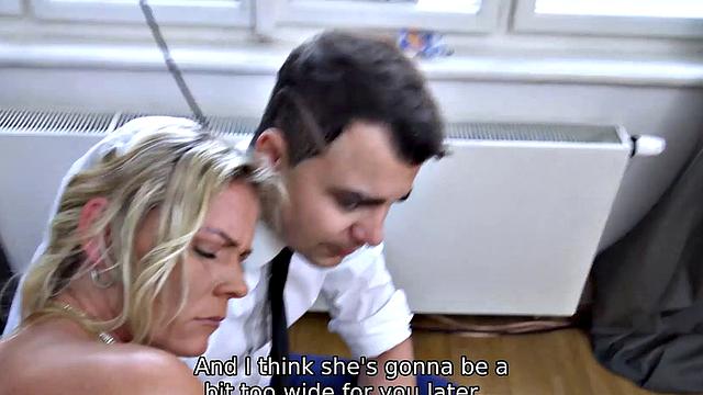 DEBT4k. Pretty blonde enjoys sex with loan shark in front of groom