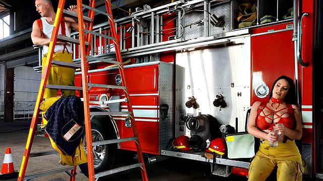 Squirting firefighter gushing