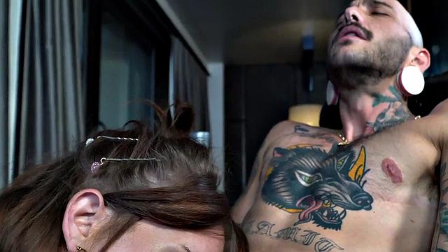 Busty highheels TS MILF sucked by pussylicked man