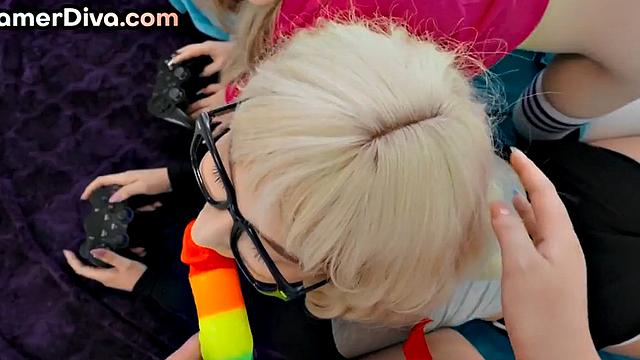 Gamer sluts strapon fucked in 3some while playing game