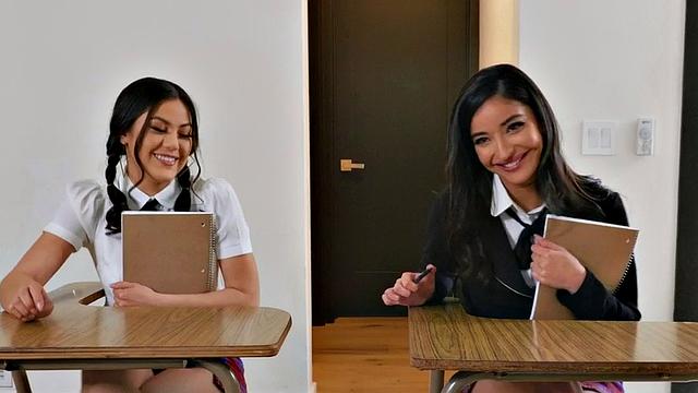 Busty lingerie teacher fucked in classroom by cleaning guy