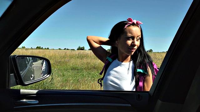 Picked up babe fucked by stranger outdoors for a ride