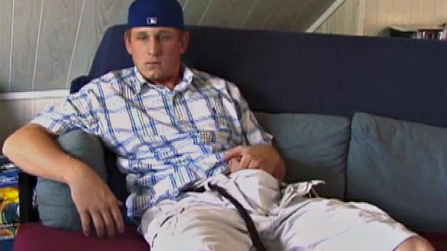 Like horny young guys, Kullen jerks off, gets naked, lubes up his big dick, and starts stroking. When he can't hold back, Kullen shoots a cum gusher all over his abs and chest.