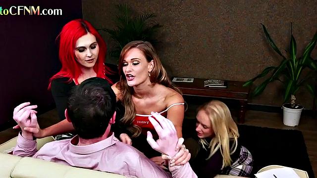 CFNM British ladies jerk a dick in amateur group handjob