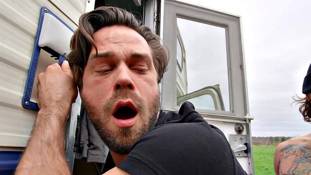 Tattooed jock barebacks BF outdoors