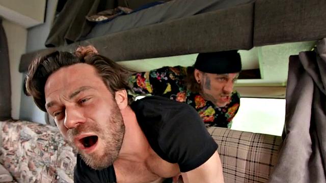 Tattooed jock barebacks BF outdoors