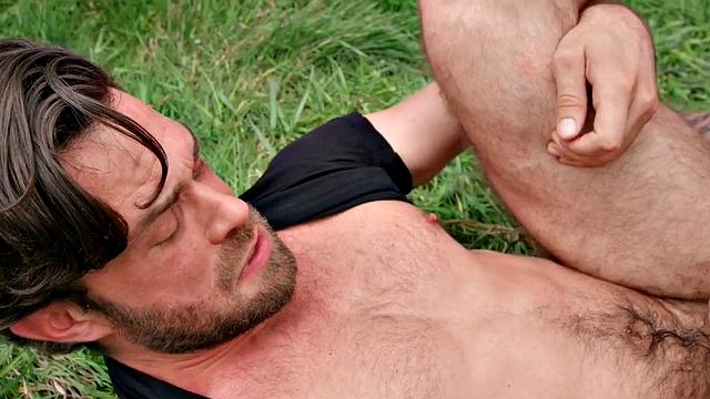 Tattooed jock barebacks BF outdoors