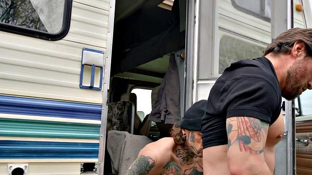 Tattooed jock barebacks BF outdoors