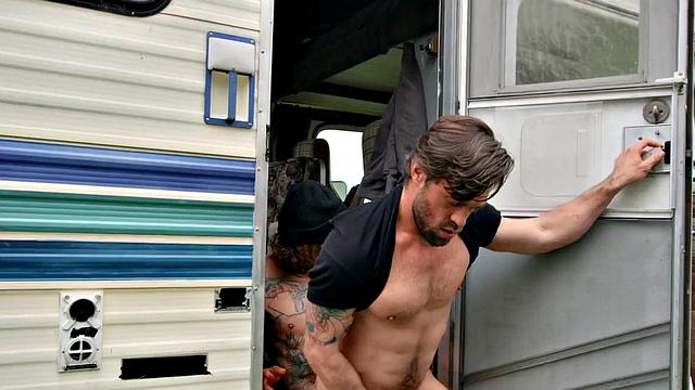 Tattooed jock barebacks BF outdoors