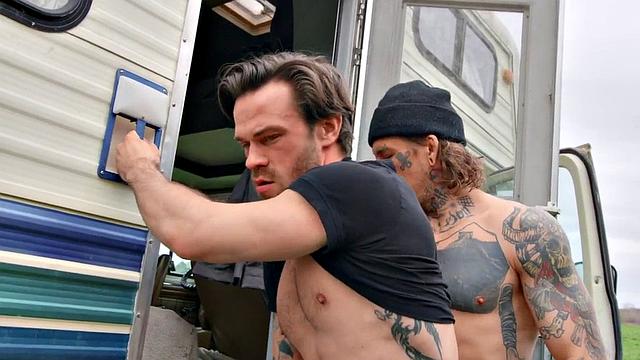 Tattooed jock barebacks BF outdoors