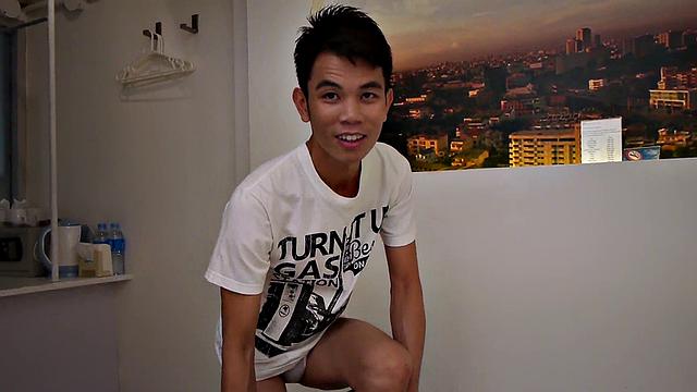 Skinny Asian twink fucked by top DILF at home in closeup