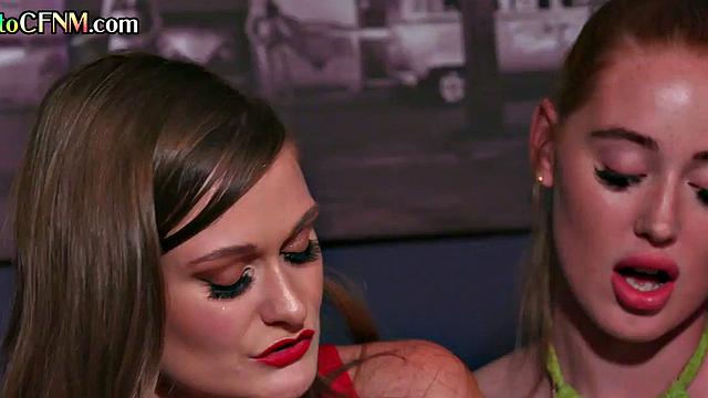 CFNM Brit doms give BJ lesson to lucky man till cum