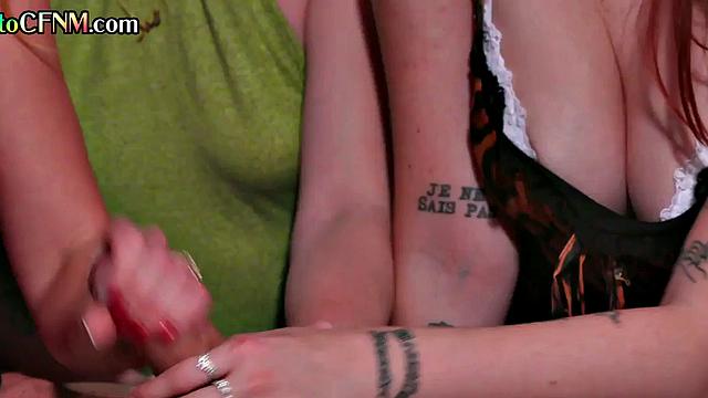 CFNM Brit doms give BJ lesson to lucky man till cum