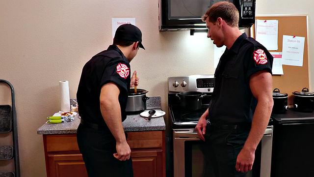 Uniformed studs enjoy bareback anal till cum in kitchen