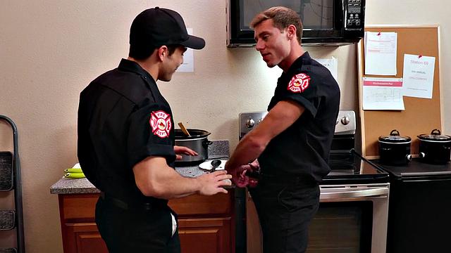 Uniformed studs enjoy bareback anal till cum in kitchen