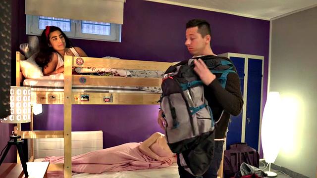 Busty blonde shares cock in hostel trio after giving a blowjob