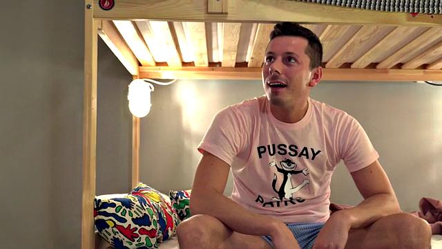 Busty blonde shares cock in hostel trio after giving a blowjob