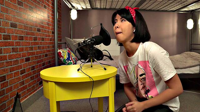 Brunette ASMR Girl in hotel T-shirt gives handjob and fucks hard in cowgirl position