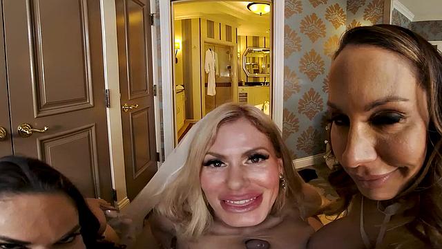 The bride, Casca Akashova, and her bridesmaids, Crystal Rush and McKenzie Lee, have one hurrah together before the ceremony