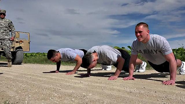 BBC army stud sucked and rimmed in anal orgy