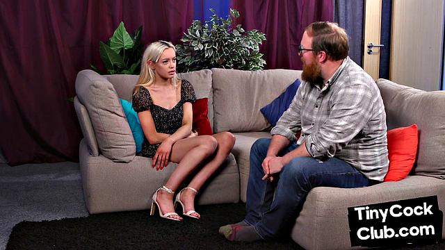 SPH femdom British amateur babe jerks little cock in CFNM HJ