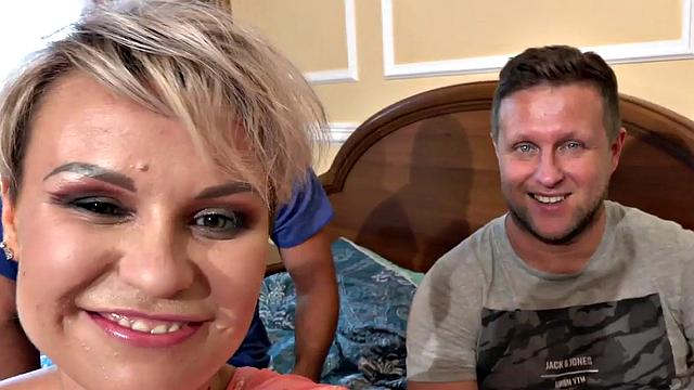 Shorthair babe blowing and getting stuffed in both holes