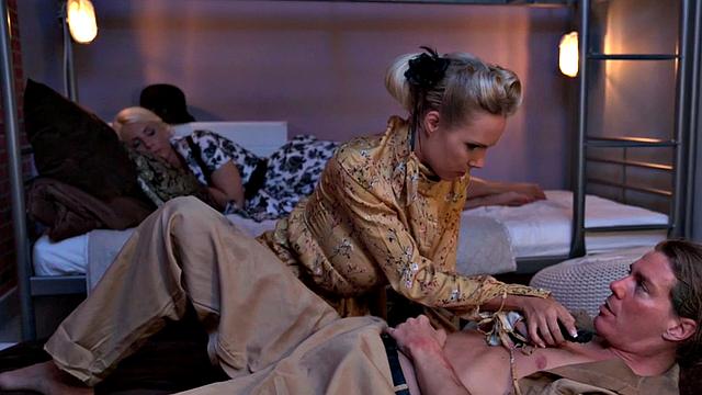 Hostel stunning MILFs riding in threesome while kissing