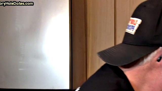 Mature gay cocksucker sucks in gloryhole at home