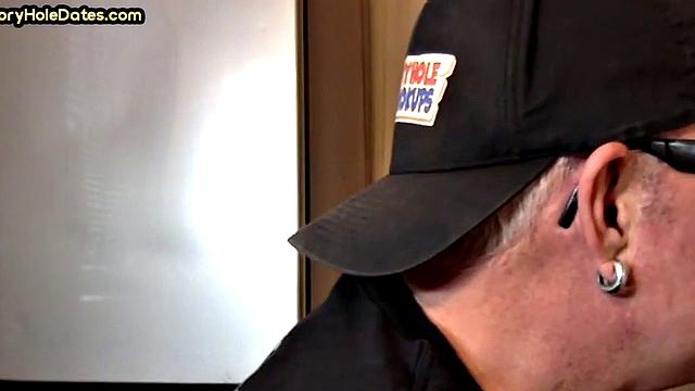 Mature gay cocksucker sucks in gloryhole at home