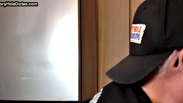 Mature gay cocksucker sucks in gloryhole at home