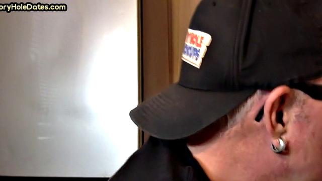 Mature gay cocksucker sucks in gloryhole at home