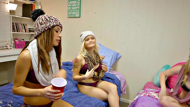 Sexy blonde with small tits takes on multiple cocks in wild party