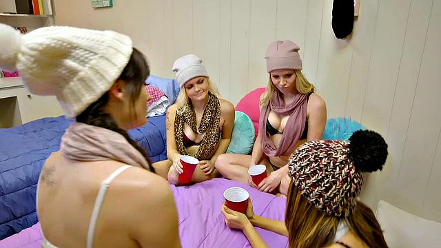 Sexy blonde with small tits takes on multiple cocks in wild party