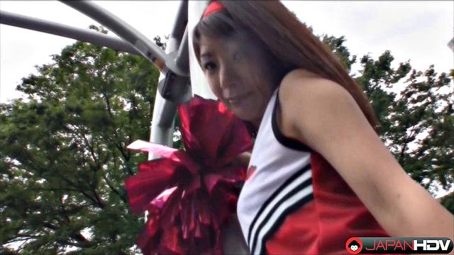Tomomi Matsuda strips out of her cheerleader outfit and rides a hard cock