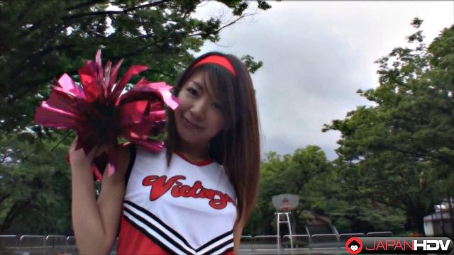 Tomomi Matsuda strips out of her cheerleader outfit and rides a hard cock