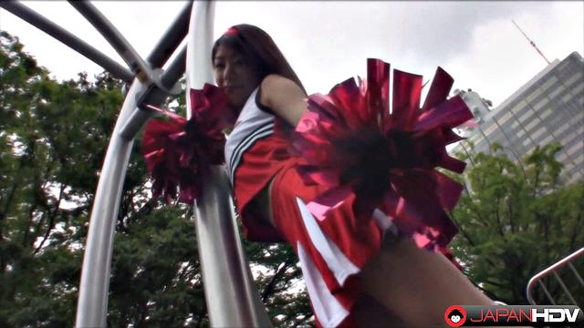 Tomomi Matsuda strips out of her cheerleader outfit and rides a hard cock