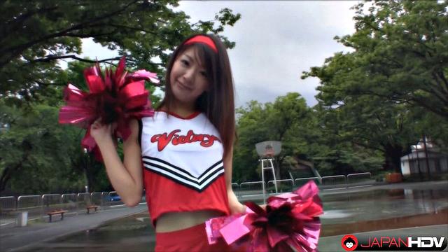 Tomomi Matsuda strips out of her cheerleader outfit and rides a hard cock