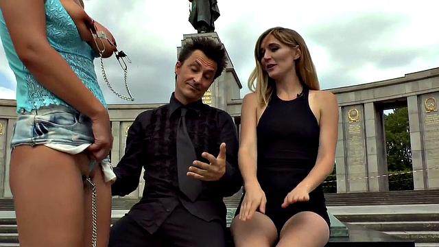 German slut humiliated and ass fucked in public while wearing high heels and a dress