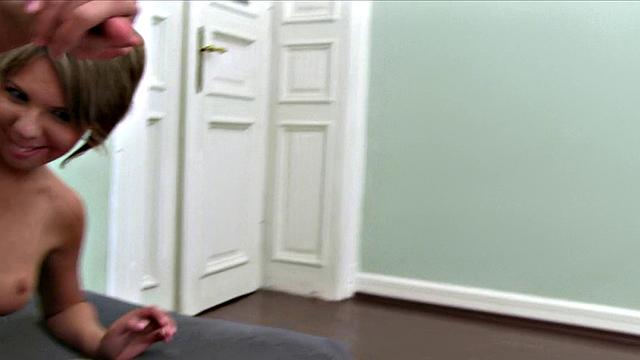 Agent bangs Brunette with Perky Tits in the living room while she chugs his cock