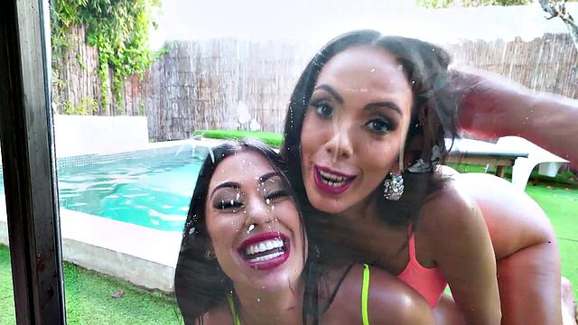 Watch these big-breasted Latinas take turns getting their assholes stretched by hung dudes in a wild 3some party
