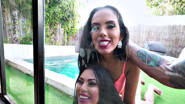 Watch these big-breasted Latinas take turns getting their assholes stretched by hung dudes in a wild 3some party