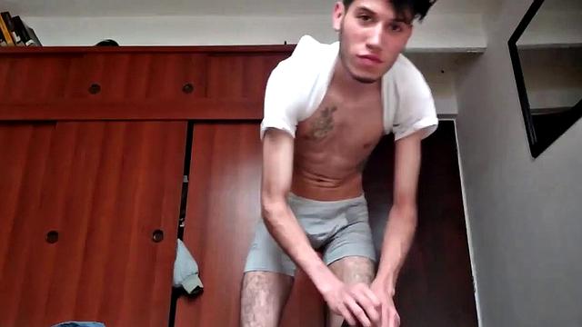 Super skinny Pervert Boy strips down to boxers and gropes at his big uncut cock. Once hard, the young man pushes underwear down and pulls stiff dick out.