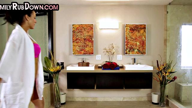 Huge-titted cougar stepmom massaging stepson's cock