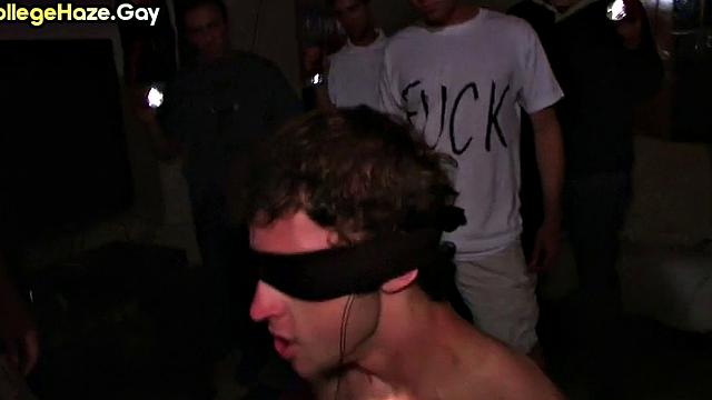 Blindfolded guy fucked at frat party in front of voyeurs